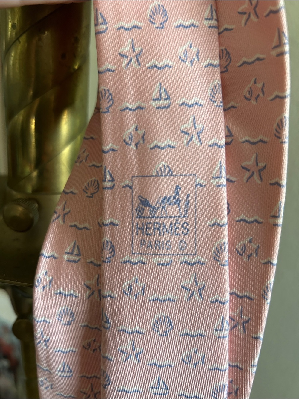 Hermes Pink Silk Tie with Subtle Blue Seashell Motif